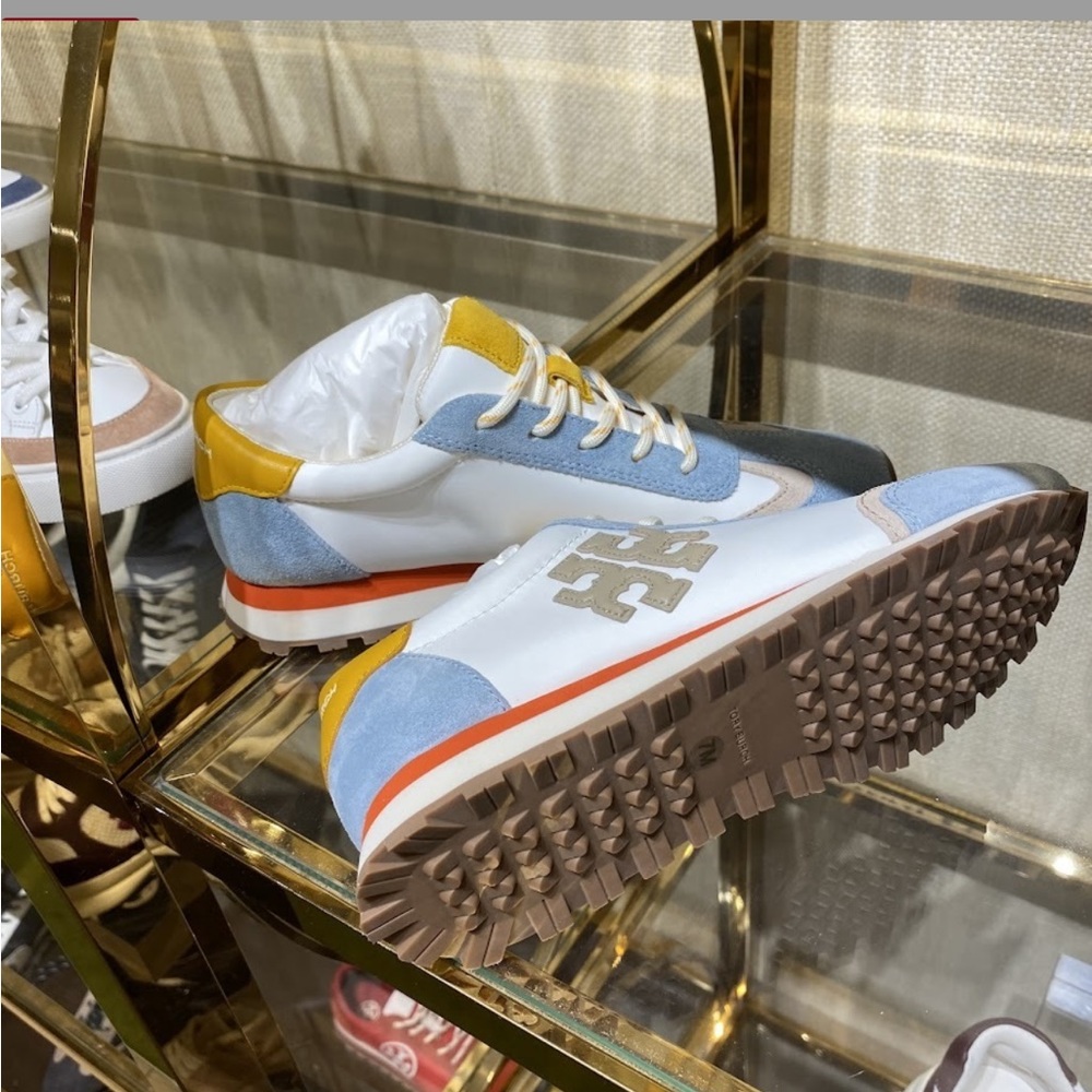 Tory Burch White Light Blue and Mustard Suede Trim Athletic Sneakers - Picture 7 of 9
